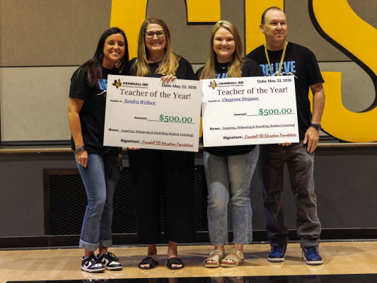Crandall ISD’s 2024-25 District Teachers of the Year — Cheyenne Simpson from Walker (Elementary Teacher of the Year) and Kendra Wallace from Crandall High School (Secondary Teacher of the Year) both received $500 for their classrooms from the Crandall ISD Education Foundation. They will both go on to represent CISD at the Region 10 Teacher of Year luncheon on July 31. Photos courtesy of Jason Bowie