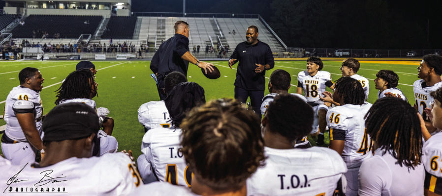 Darrell Lewis picked up his first win as head coach of the Crandall Pirates as they defeated the Mt. Pleasant Tigers, 37-27 on Friday, Aug. 29. Photo courtesy of Jason Bowie