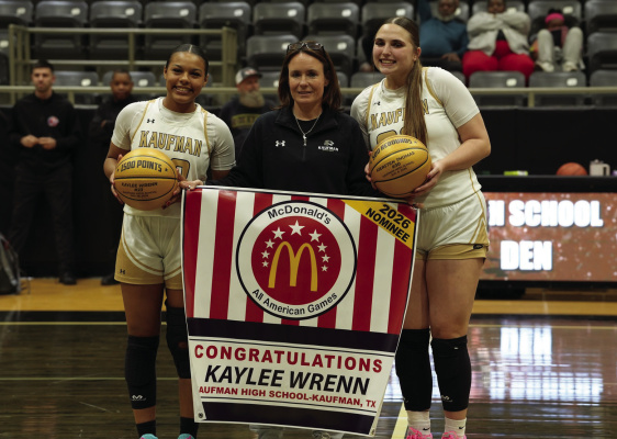 The Kaufman Lady Lions basketball squad celebrated their two athletes for recent milestones that they reached before their Feb. 6 contest. Kaylee Wrenn was honored for scoring 1,500 career points and for being named a Mc-Donald’s All-American Games nominee. Kiersten Thomas was recognized for recording 500 career rebounds. Photo courtesy of Kaufman High School