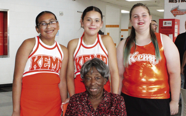 The Silver Jacket Breakfast at Kemp ISD is to honor Kemp ISD’s senior citizens. Gertrude Freeman (center, sitting) is one of the oldest seniors to come to the breakfast Aug. 8. Freeman will be 94 in October. With Freeman are Kamila Garcia (from left, standing), Julianna Tejeda-Blaser and Greenleigh Helton.