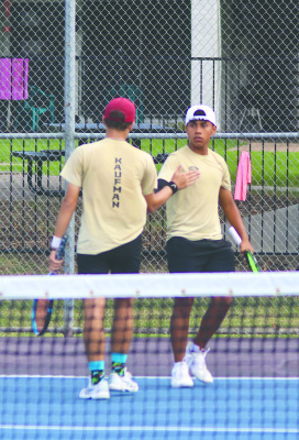 Photo courtesy of Megan Russell Yahel Lopez for the Kaufman Lions varsity tennis team against Farmersville.