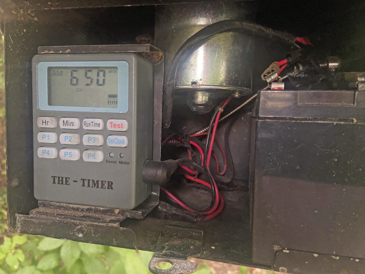 A quality timer is a must on any game feeder. With the invention of “The Timer” pictured here, the guesswork of ‘when’ a feeder throws corn was solved. Photo by Luke Clayton