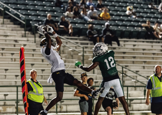 Crandall Pirates wide receiver Jeremiah Douglas goes up for a catch against the Mesquite Poteet Pirates on Thursday, Sept. 18. Photo courtesy of Jason Bowie