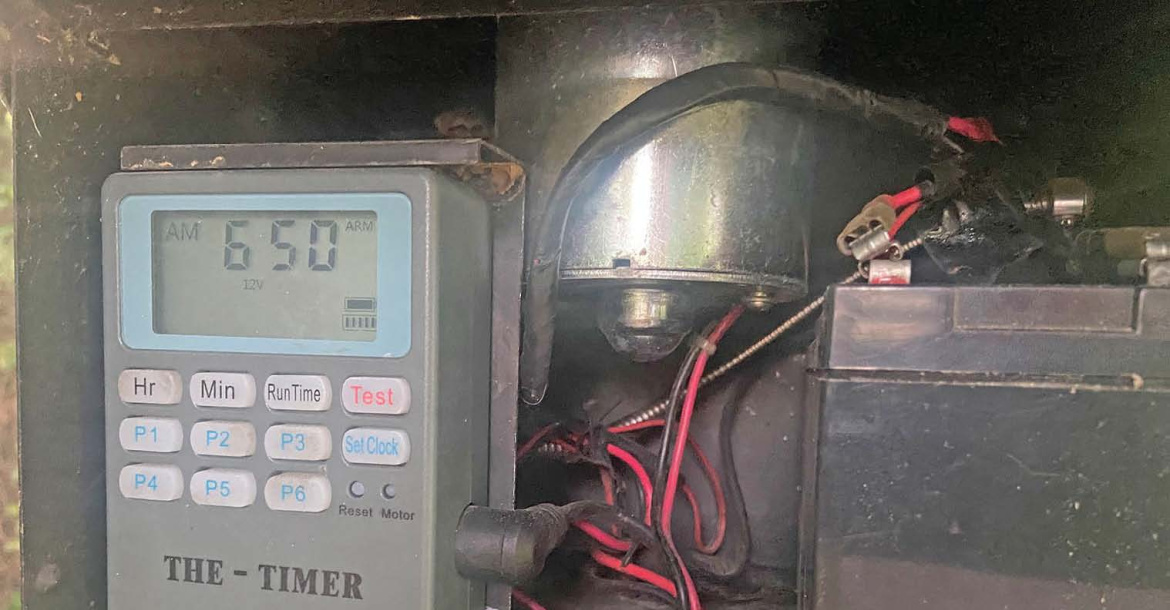 A quality timer is a must on any game feeder. With the invention of “The Timer” pictured here, the guesswork of ‘when’ a feeder throws corn was solved. Photo by Luke Clayton